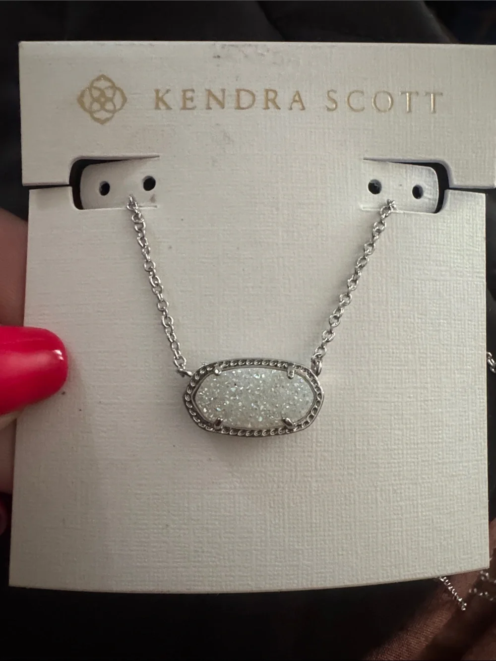 Kendra Scott Elisa Silver Pendant Necklace in Iridescent White Drusy NEW $75